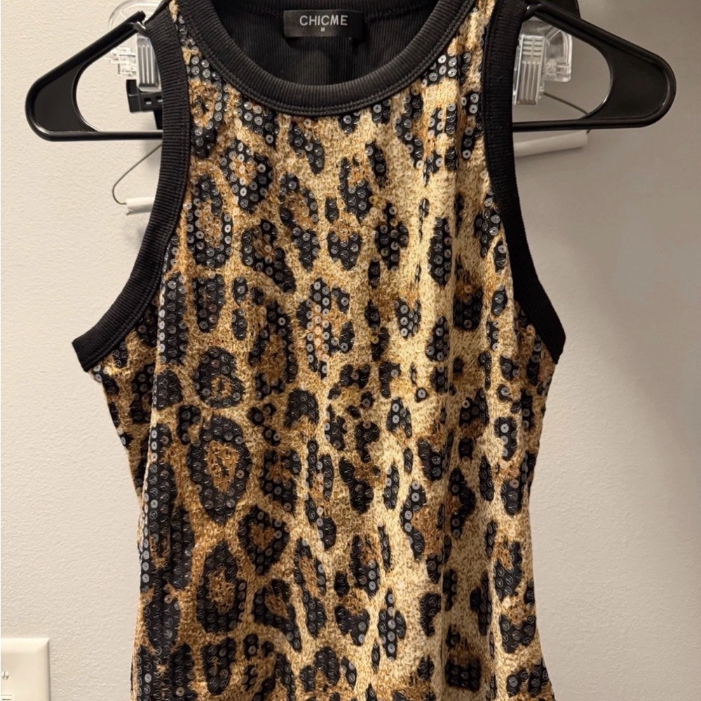 Leopard Print Sequin Tank Top - Black and Tan